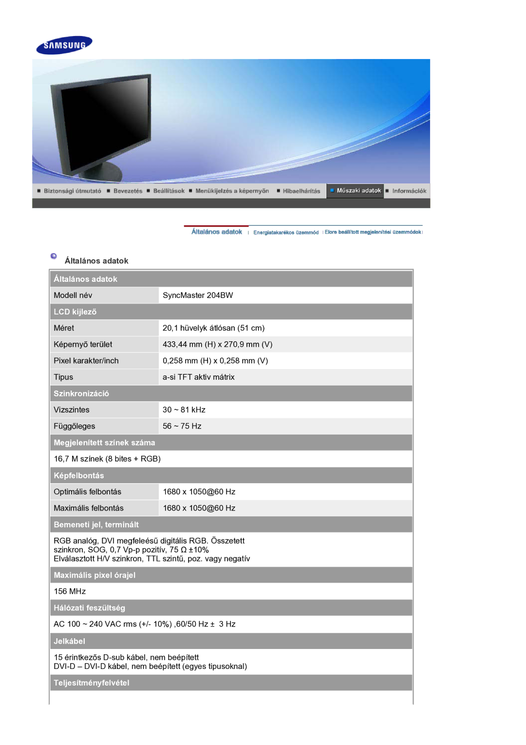 Samsung LS20HAWCSZ/EDC, LS20HAWCSQ/EDC manual Általános adatok 