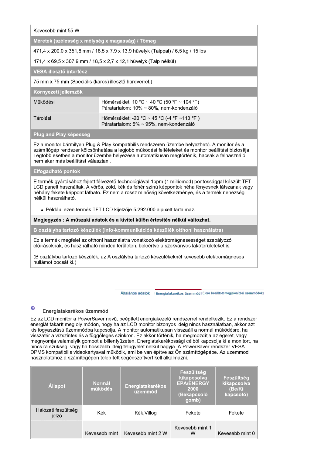 Samsung LS20HAWCSQ/EDC, LS20HAWCSZ/EDC manual Feszültség Kikapcsolva Állapot Normál, Fekete Jelző 