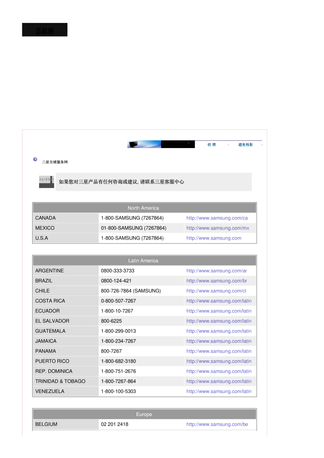 Samsung LS20HAWCSQ/EDC, LS20HAWCSZ/EDC manual 如果您对三星产品有任何咨询或建议, 请联系三星客服中心, Latin America 