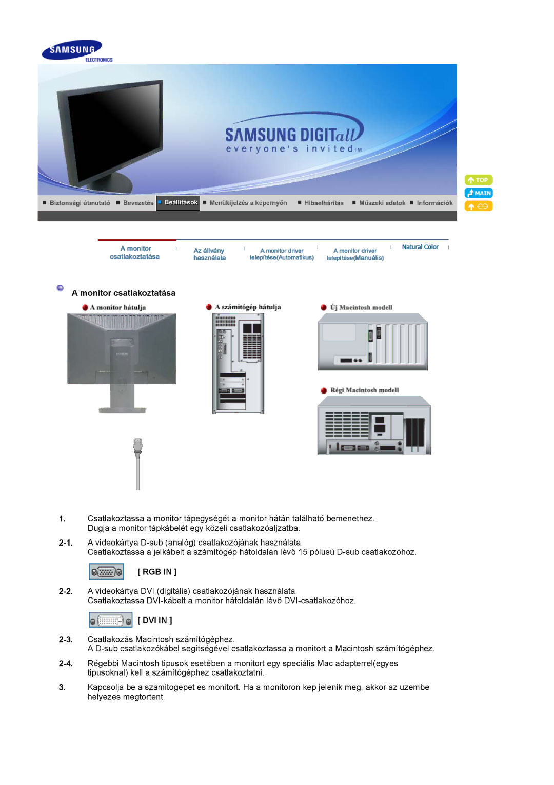 Samsung LS20HAWCSQ/EDC, LS20HAWCSZ/EDC manual Monitor csatlakoztatása, Rgb, Dvi 