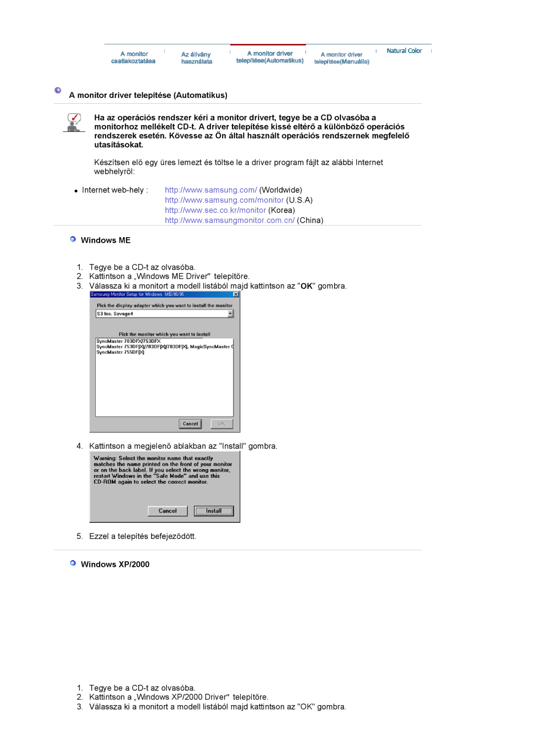 Samsung LS20HAWCSQ/EDC, LS20HAWCSZ/EDC manual Windows ME, Windows XP/2000 