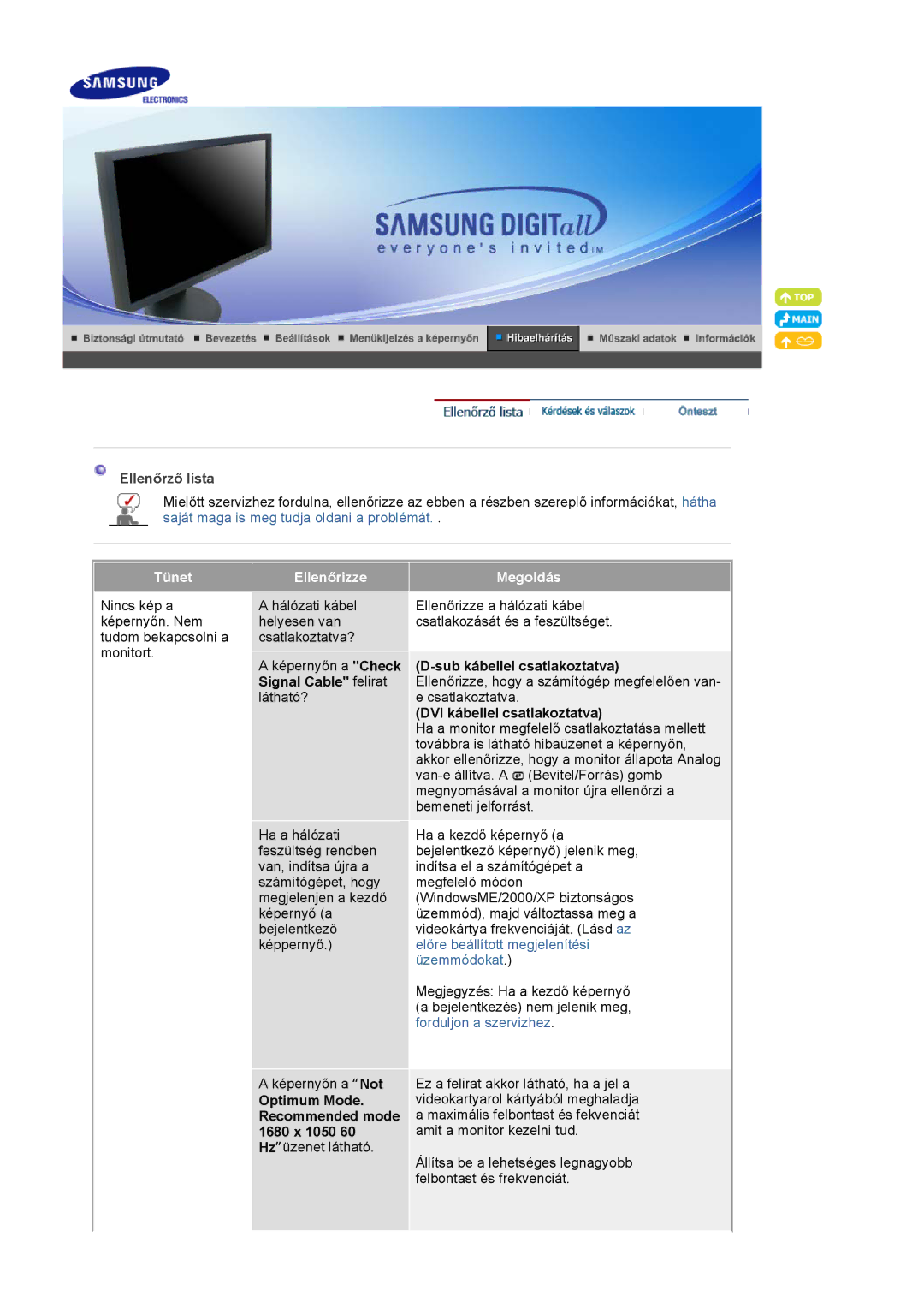 Samsung LS20HAWCSZ/EDC Ellenőrző lista, Tünet Ellenőrizze Megoldás, Sub kábellel csatlakoztatva, Signal Cable felirat 