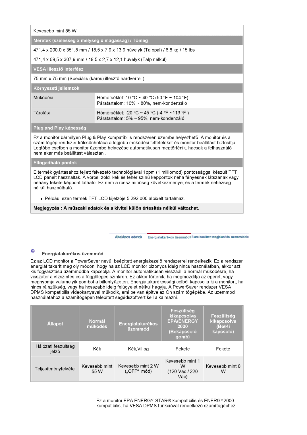 Samsung LS20HAWCSZ/EDC Méretek szélesség x mélység x magasság / Tömeg, Vesa illesztő interfész, Környezeti jellemzök, Kék 