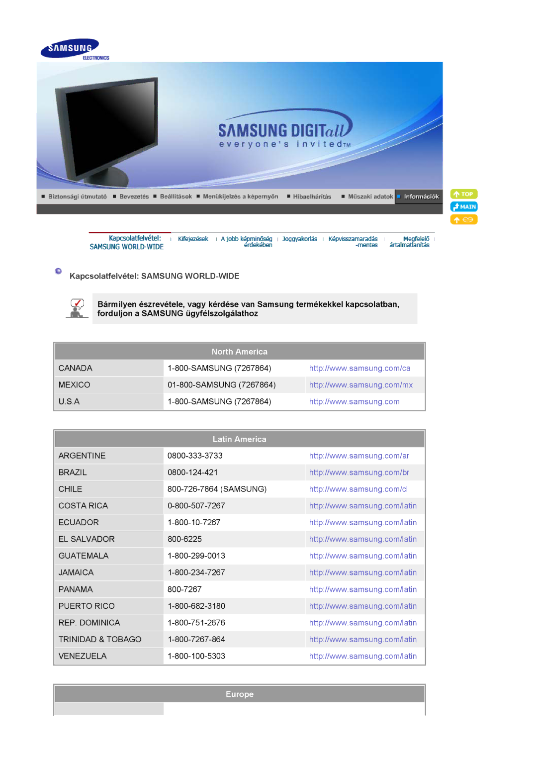 Samsung LS20HAWCSQ/EDC, LS20HAWCSZ/EDC manual Kapcsolatfelvétel Samsung WORLD-WIDE, North America, Latin America, Europe 