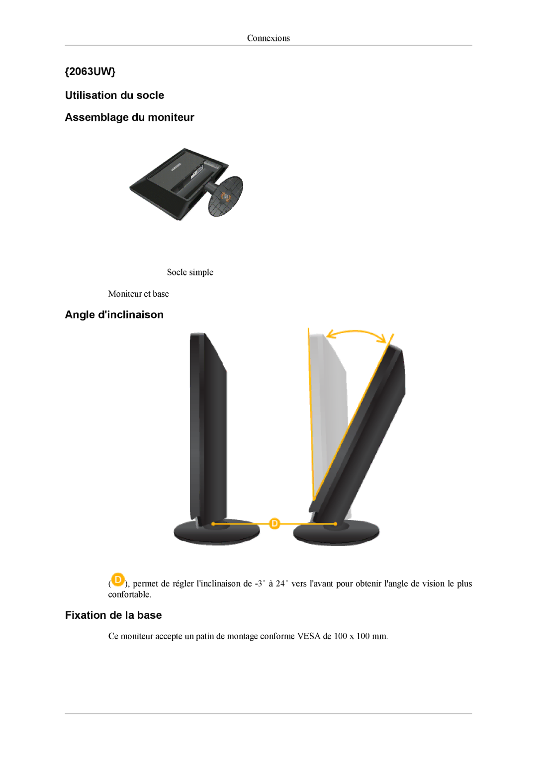 Samsung LS20LIUJFV/EN manual 2063UW Utilisation du socle Assemblage du moniteur, Angle dinclinaison 