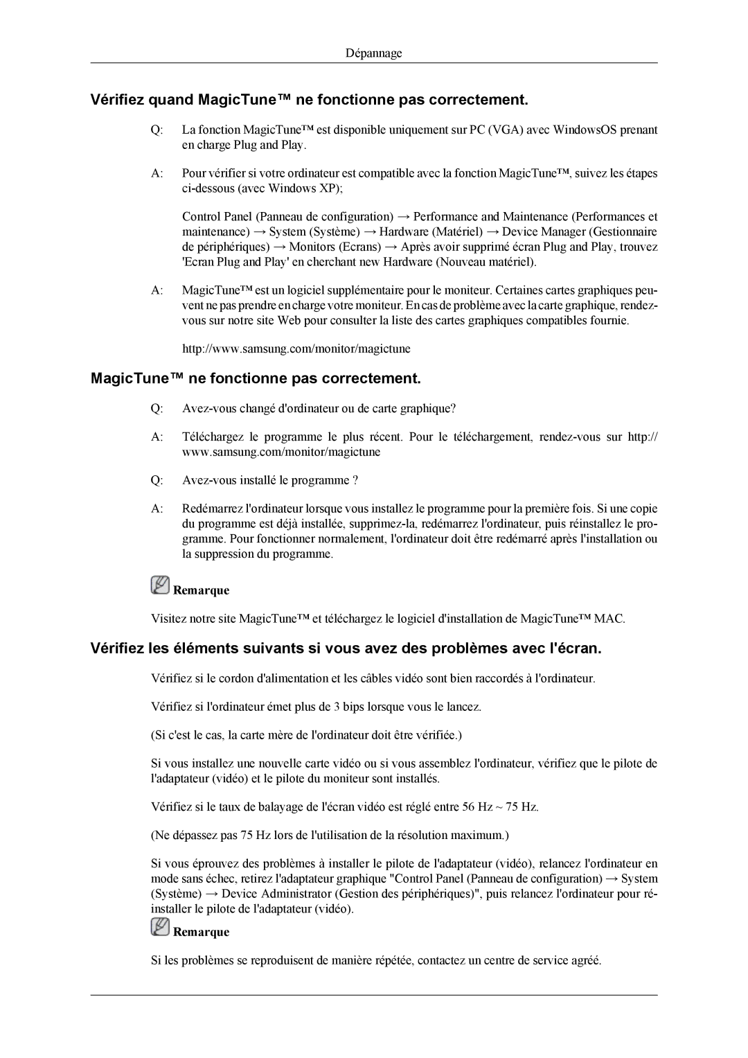 Samsung LS20LIUJFV/EN manual Vérifiez quand MagicTune ne fonctionne pas correctement 