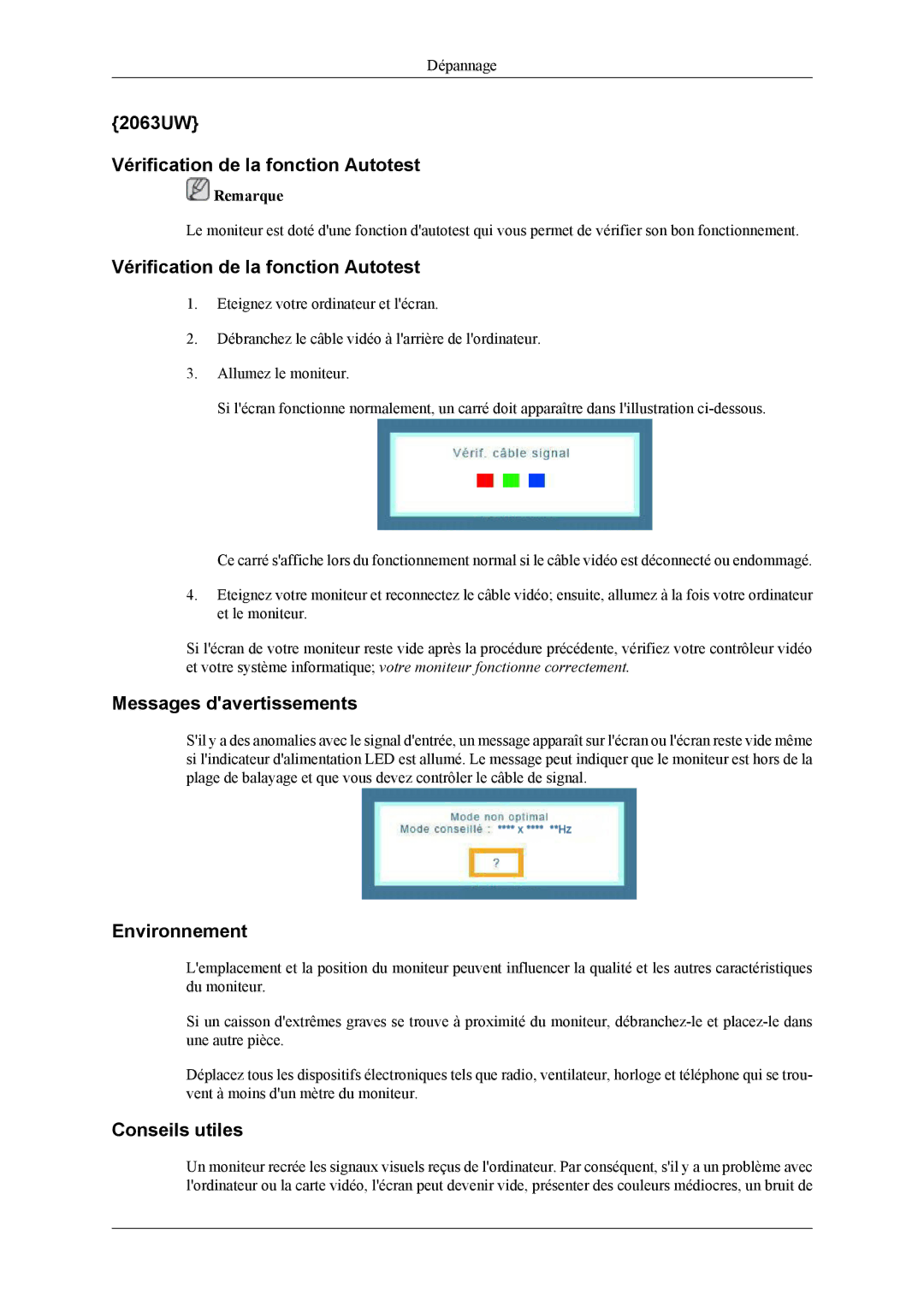 Samsung LS20LIUJFV/EN manual 2063UW Vérification de la fonction Autotest 