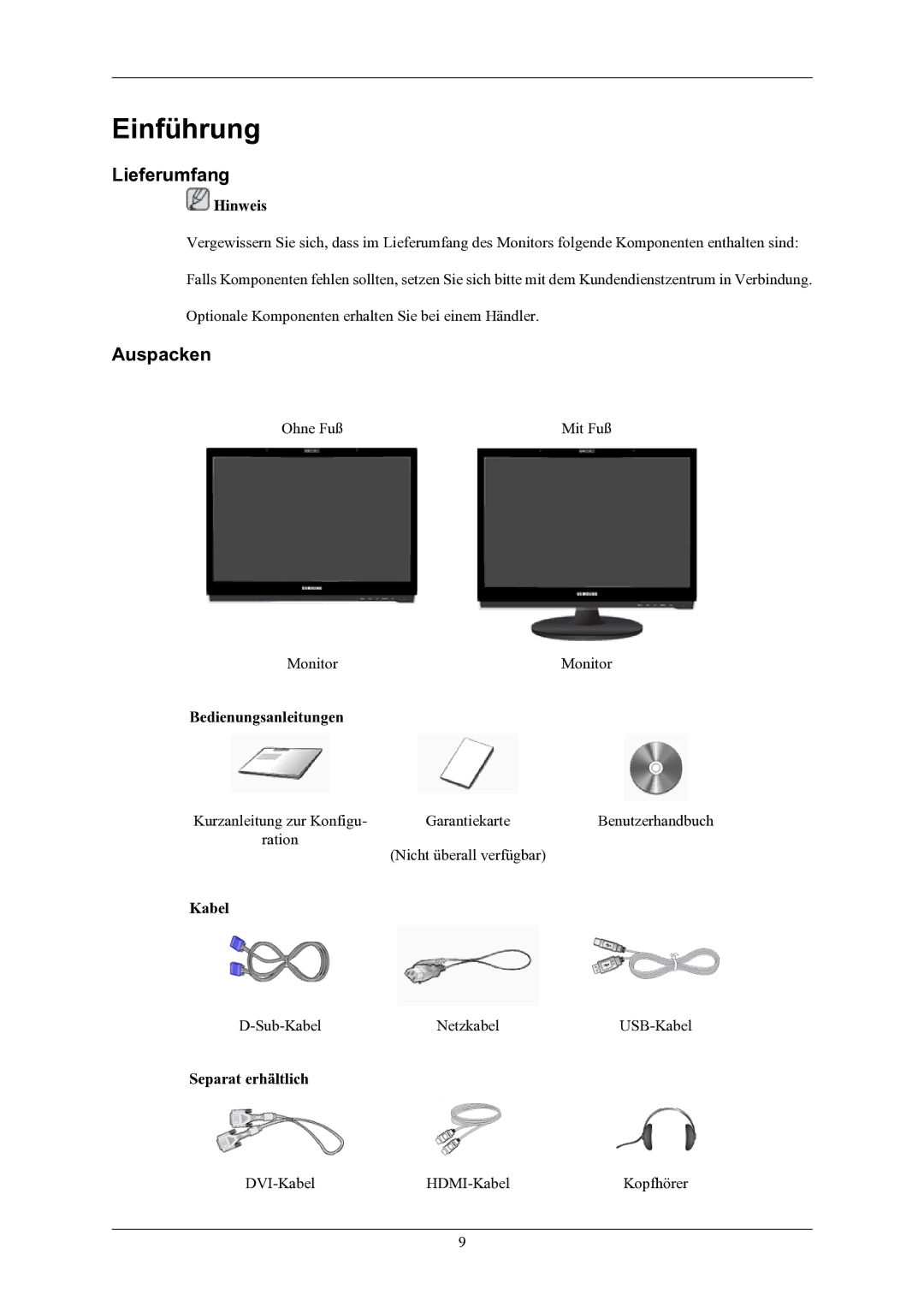 Samsung LS20LIUJFV/EN manual Lieferumfang, Auspacken 