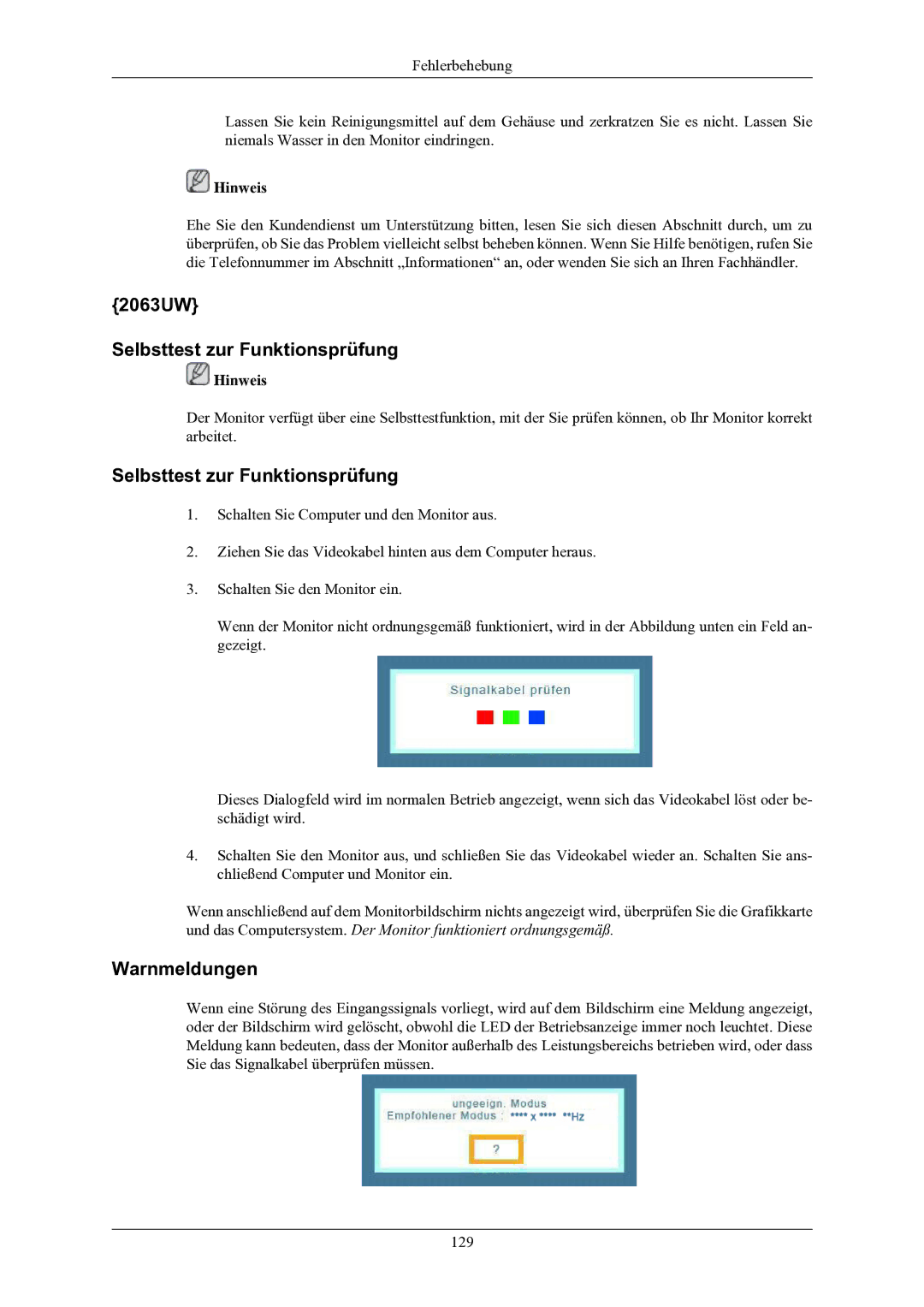 Samsung LS20LIUJFV/EN manual 2063UW Selbsttest zur Funktionsprüfung 