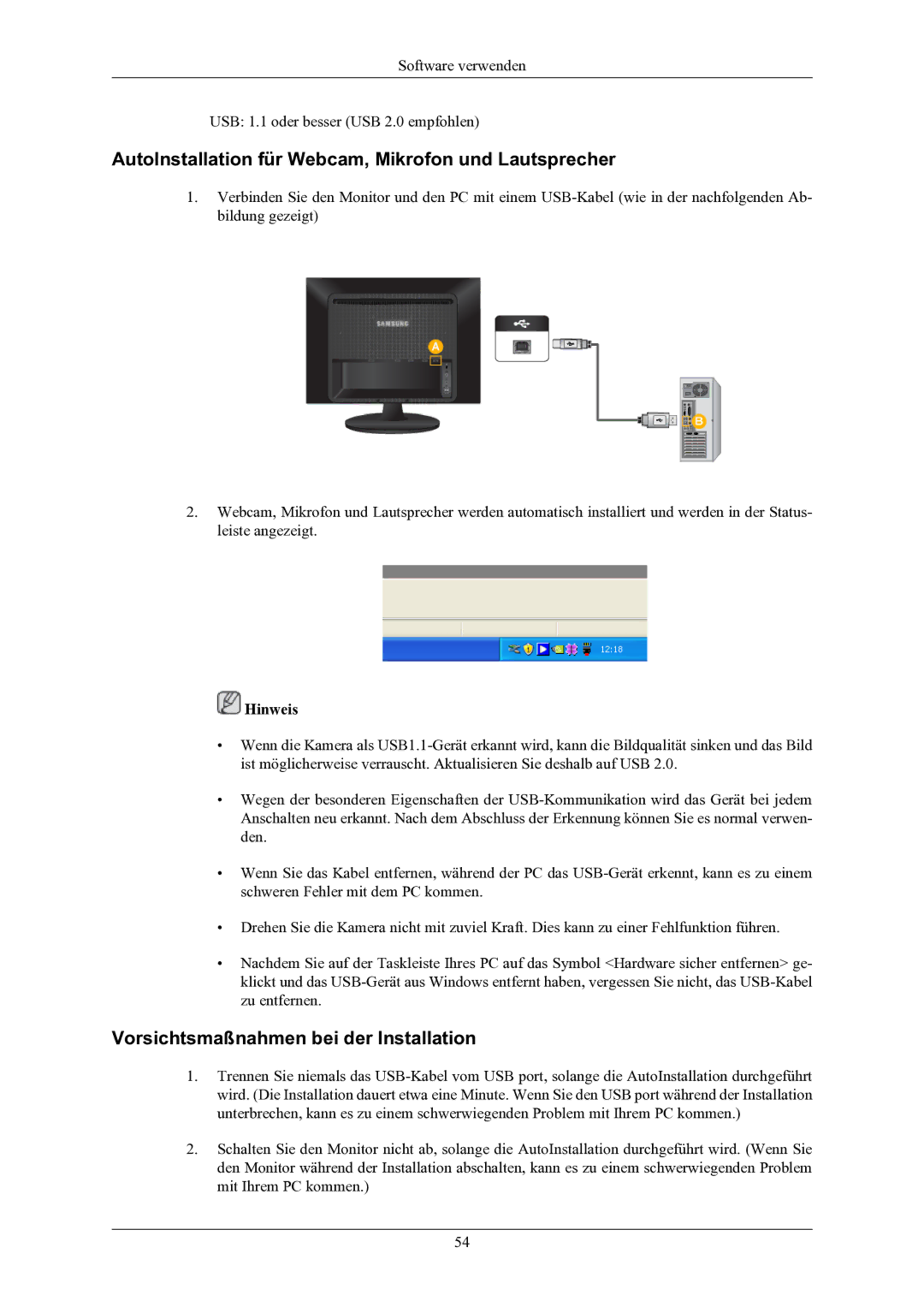 Samsung LS20LIUJFV/EN manual Software verwenden USB 1.1 oder besser USB 2.0 empfohlen 