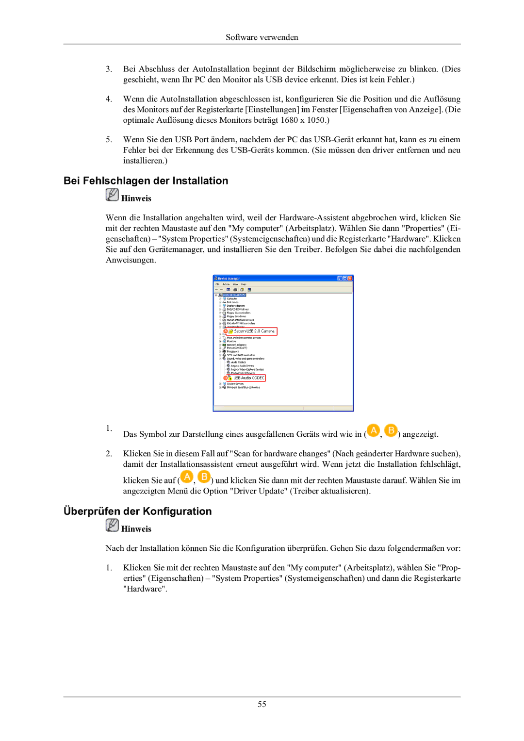 Samsung LS20LIUJFV/EN manual Bei Fehlschlagen der Installation 