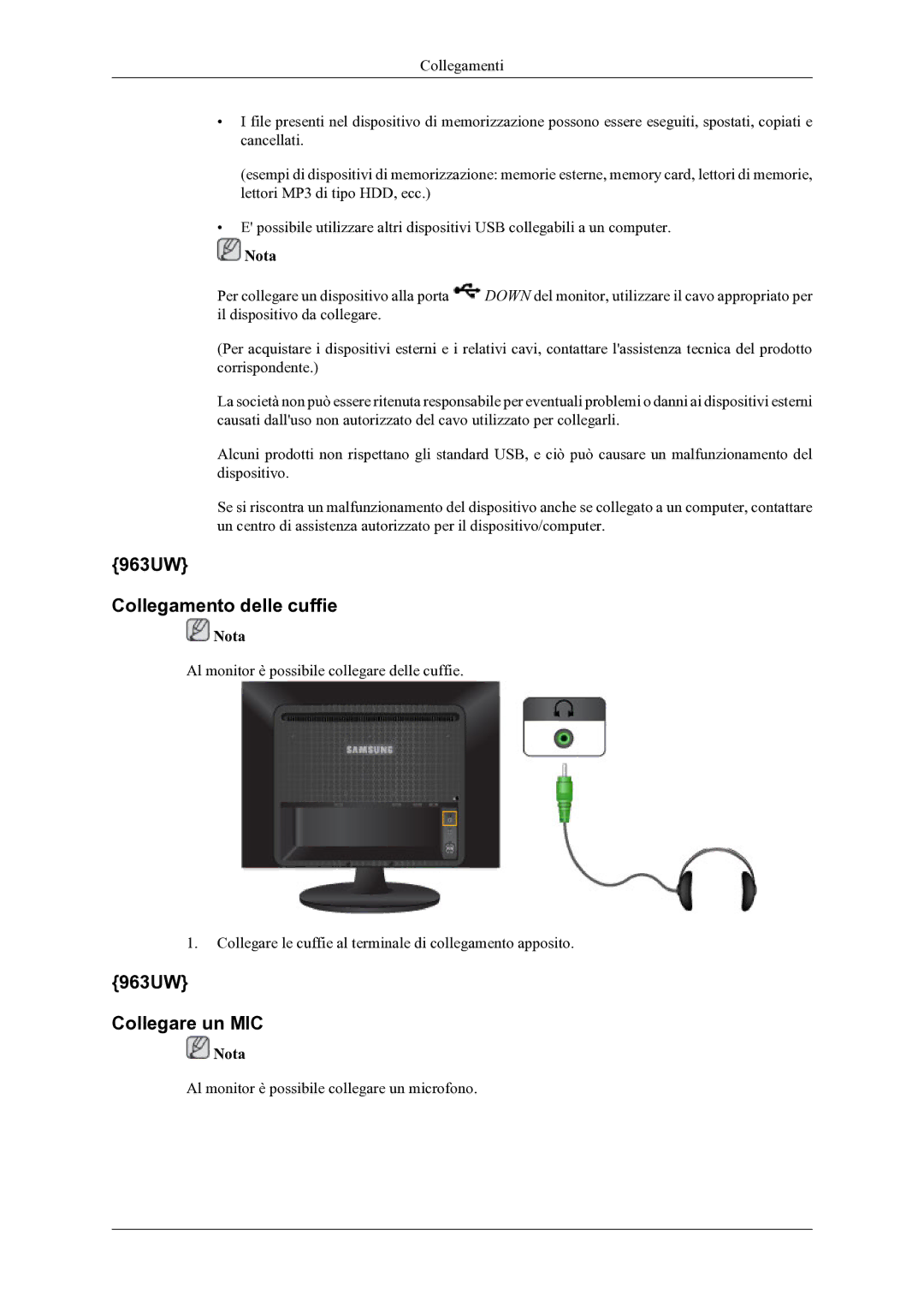 Samsung LS20LIUJFV/EN manual 963UW Collegamento delle cuffie, 963UW Collegare un MIC 