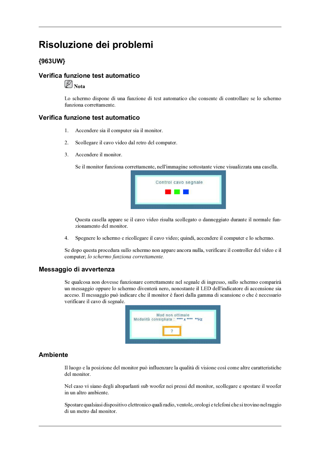 Samsung LS20LIUJFV/EN manual 963UW Verifica funzione test automatico, Messaggio di avvertenza, Ambiente 