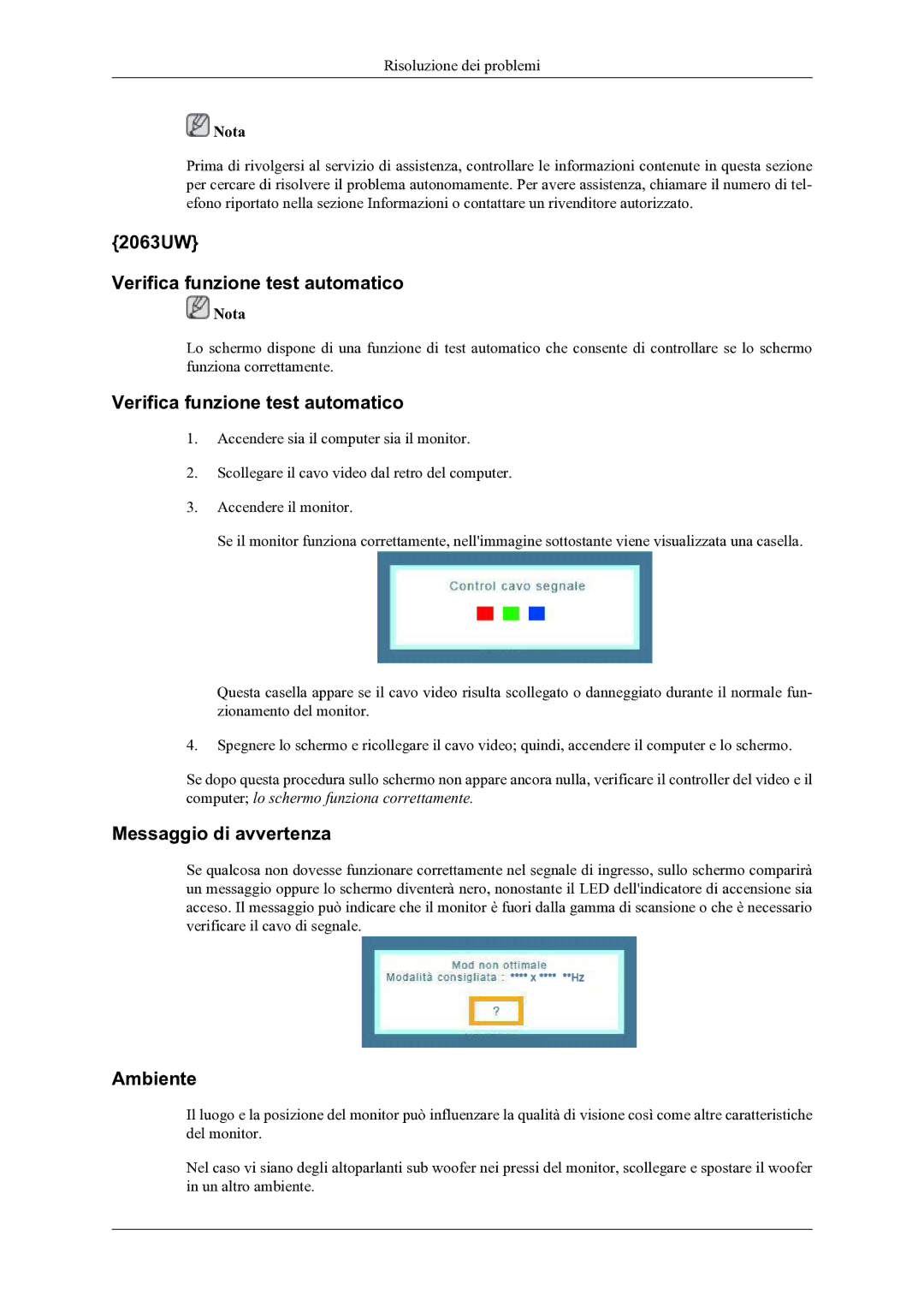 Samsung LS20LIUJFV/EN manual 2063UW Verifica funzione test automatico 