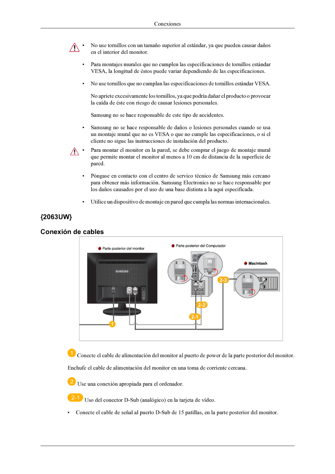 Samsung LS20LIUJFV/EN manual 2063UW Conexión de cables 