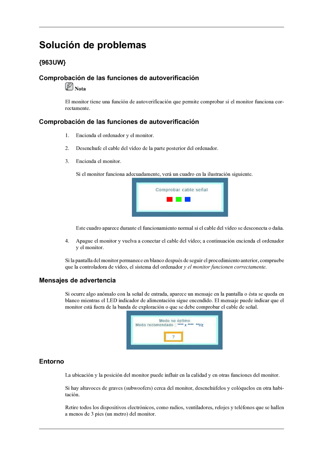 Samsung LS20LIUJFV/EN manual 963UW Comprobación de las funciones de autoverificación, Mensajes de advertencia, Entorno 