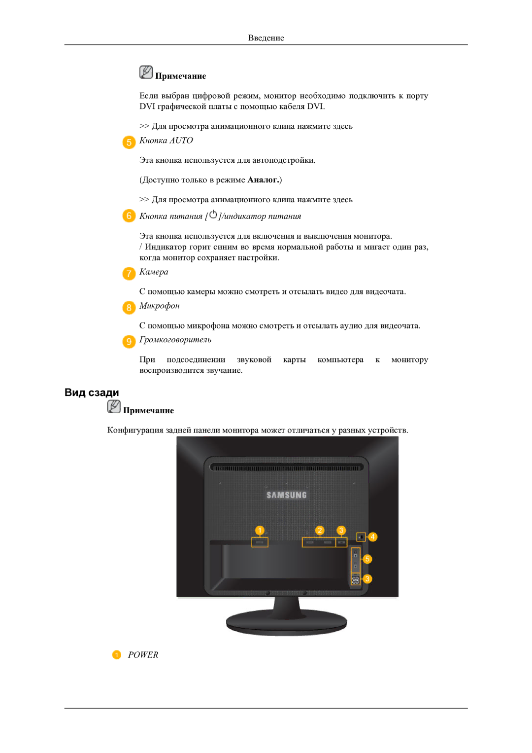 Samsung LS20LIUJFV/EN manual Вид сзади, Кнопка питания /индикатор питания 