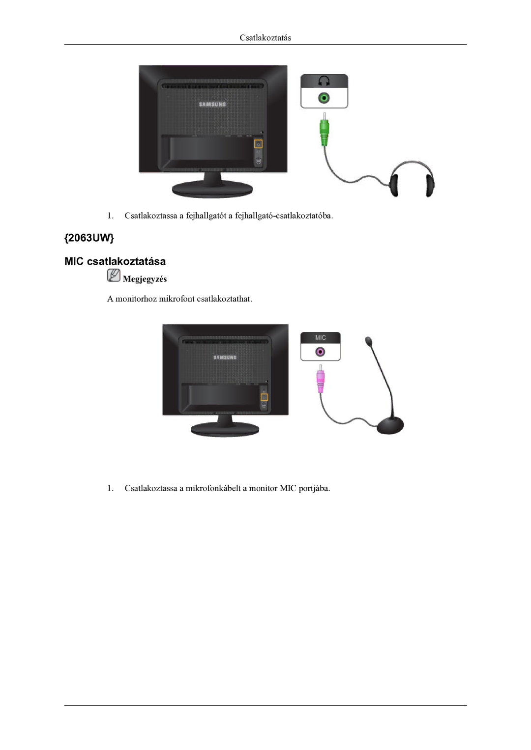 Samsung LS20LIUJFV/EN manual 2063UW MIC csatlakoztatása 