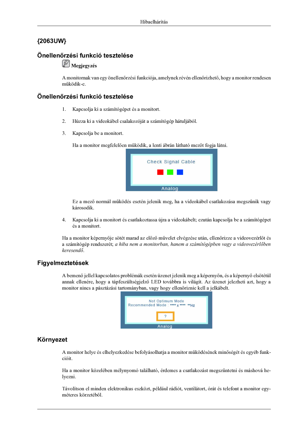 Samsung LS20LIUJFV/EN manual 2063UW Önellenőrzési funkció tesztelése 