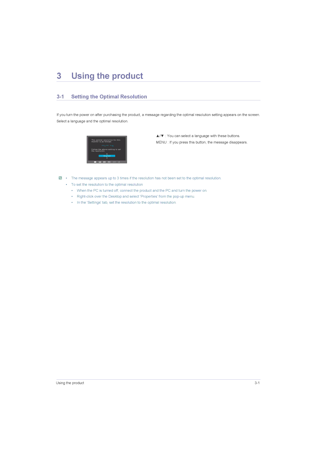 Samsung LS23LRJKUVSEN, LS20LRJKUV/XJ, LS22LRJKUV/XJ, LS23LRJKUV/XJ manual Using the product, Setting the Optimal Resolution 