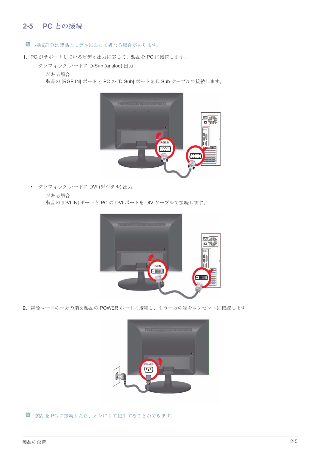 Samsung LS22LRJKUV/XJ, LS20LRJKUV/XJ, LS23LRJKUV/XJ Pc との接続, 接続部分は製品のモデルによって異なる場合があります。, 製品を Pc に接続したら、オンにして使用することができます。 