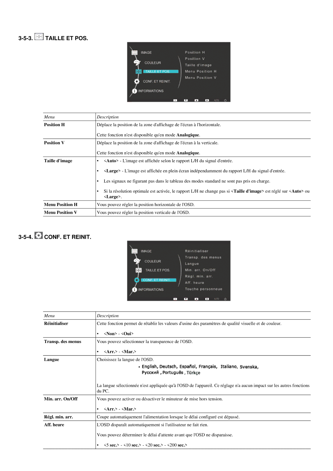 Samsung LS22LRYKU/EN, LS20LRYKU/EN, LS23LRYKU/EN manual Taille ET POS, CONF. ET Reinit, Arr. Mar 