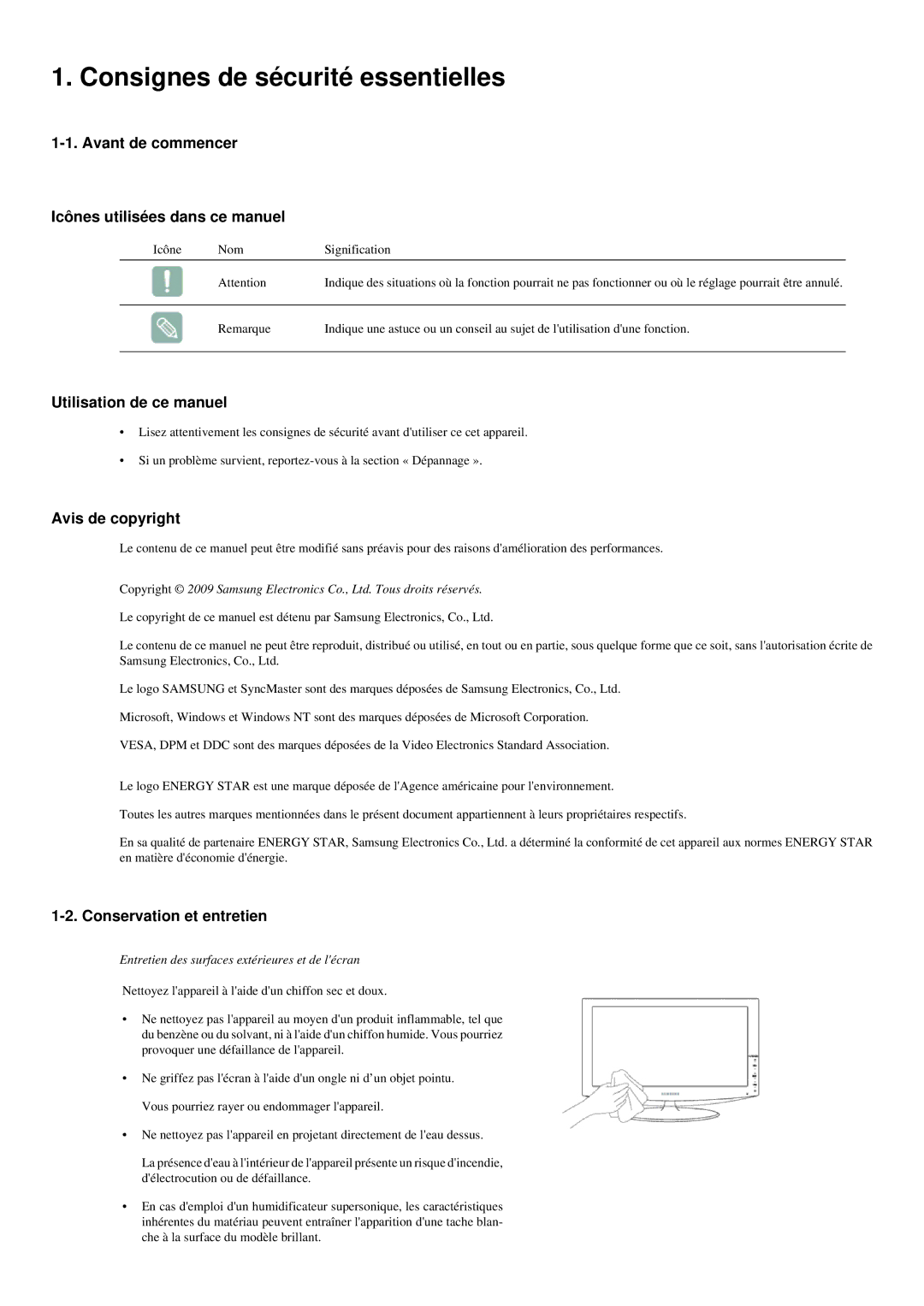 Samsung LS23LRYKU/EN, LS20LRYKU/EN Consignes de sécurité essentielles, Avant de commencer Icônes utilisées dans ce manuel 