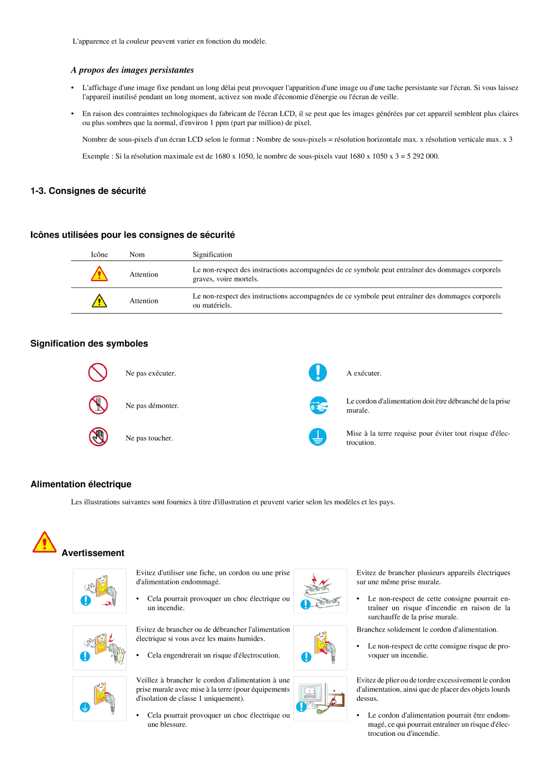 Samsung LS20LRYKU/EN, LS22LRYKU/EN, LS23LRYKU/EN manual Signification des symboles, Alimentation électrique, Avertissement 