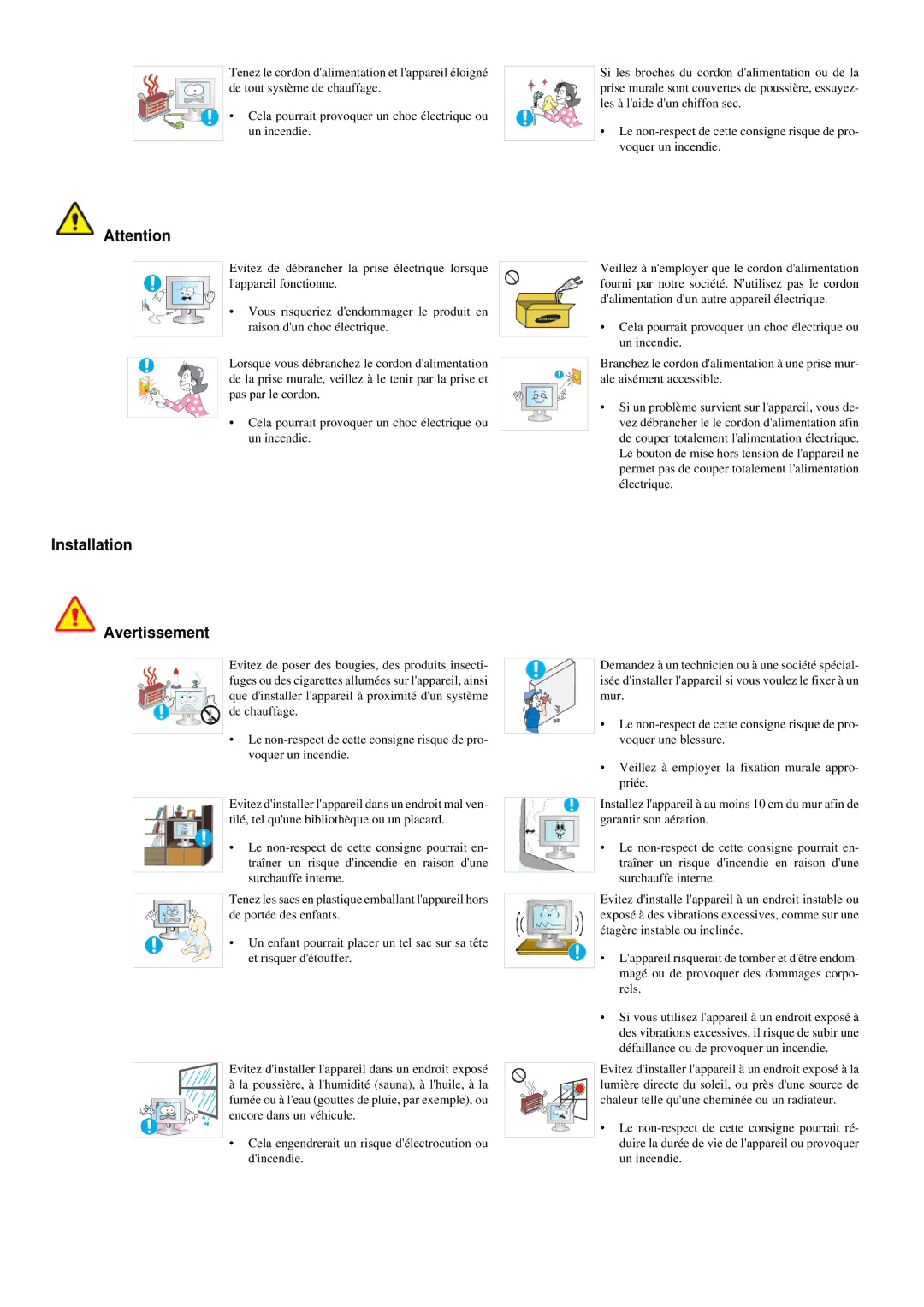 Samsung LS22LRYKU/EN, LS20LRYKU/EN, LS23LRYKU/EN manual Installation Avertissement 