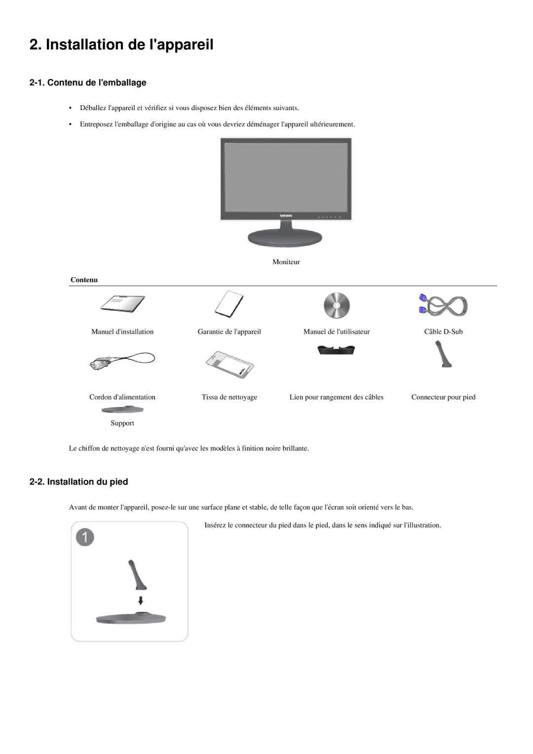 Samsung LS20LRYKU/EN, LS22LRYKU/EN, LS23LRYKU/EN Installation de lappareil, Contenu de lemballage, Installation du pied 