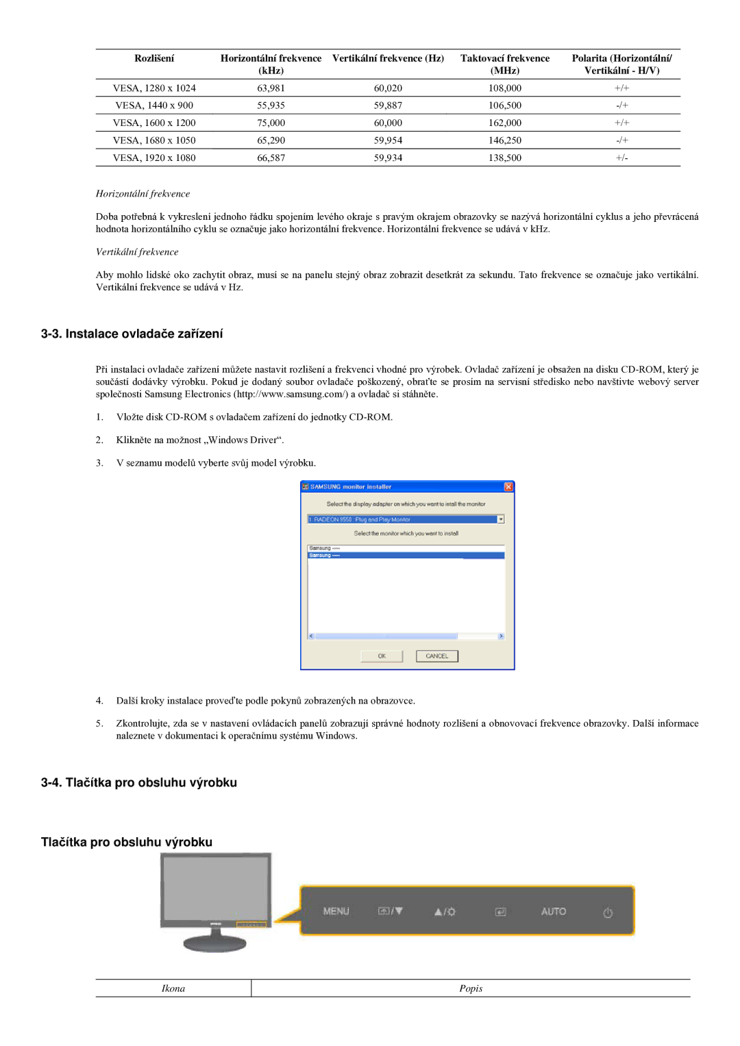 Samsung LS23LRYKU/EN manual Instalace ovladače zařízení, Tlačítka pro obsluhu výrobku, Horizontální frekvence, Ikona Popis 