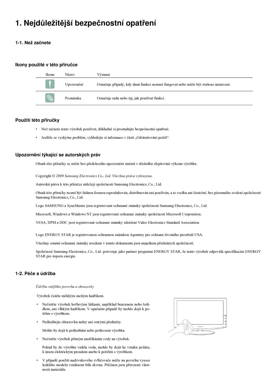 Samsung LS23LRYKU/EN manual Nejdůležitější bezpečnostní opatření, Než začnete Ikony použité v této příručce, Péče a údržba 