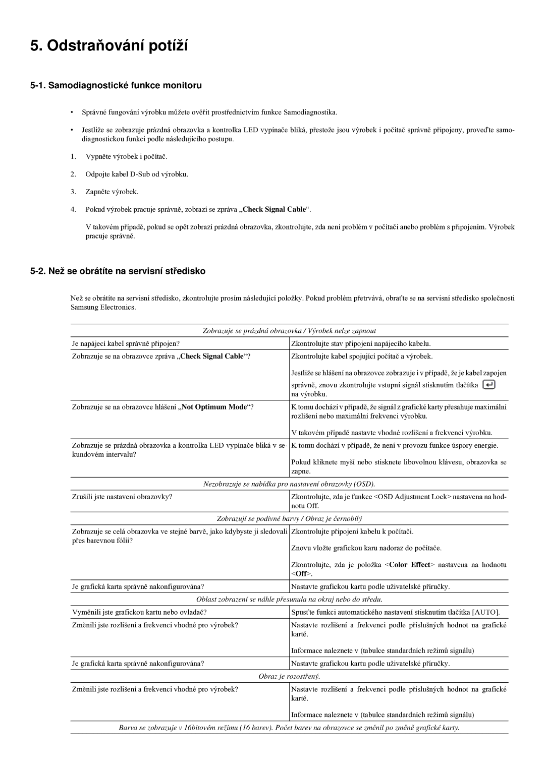 Samsung LS23LRYKU/EN manual Odstraňování potíží, Samodiagnostické funkce monitoru, Než se obrátíte na servisní středisko 