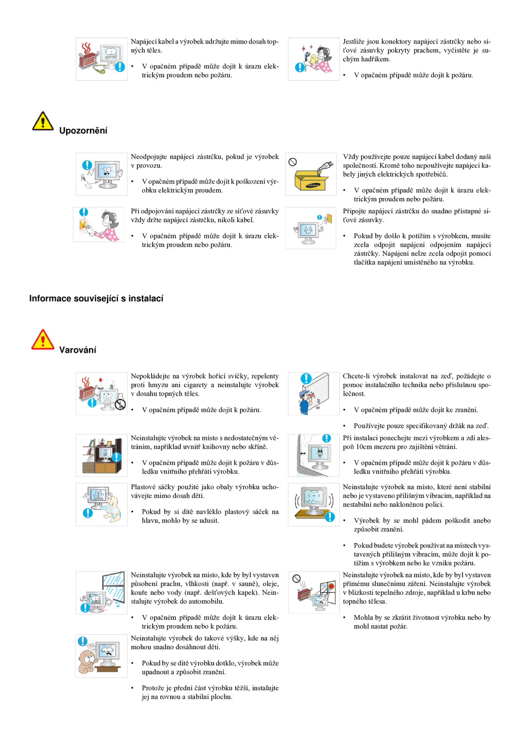 Samsung LS22LRYKU/EN, LS20LRYKU/EN, LS23LRYKU/EN manual Upozornění, Informace související s instalací Varování 