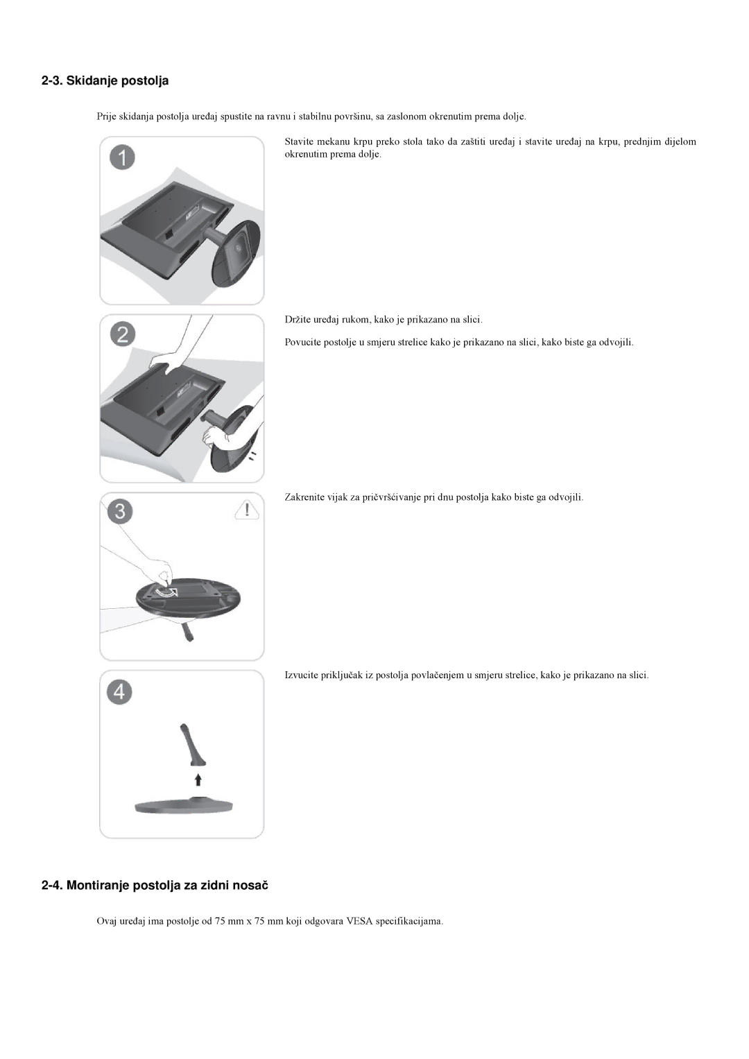 Samsung LS22LRYKU/EN, LS20LRYKU/EN, LS23LRYKU/EN manual Skidanje postolja, Montiranje postolja za zidni nosač 