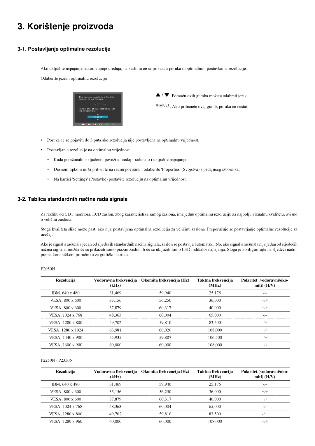 Samsung LS22LRYKU/EN Korištenje proizvoda, Postavljanje optimalne rezolucije, Tablica standardnih načina rada signala 