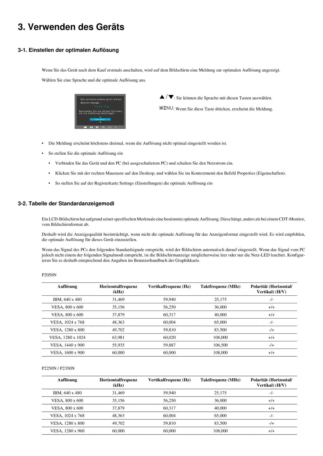 Samsung LS20LRYKU/EN manual Verwenden des Geräts, Einstellen der optimalen Auflösung, Tabelle der Standardanzeigemodi 