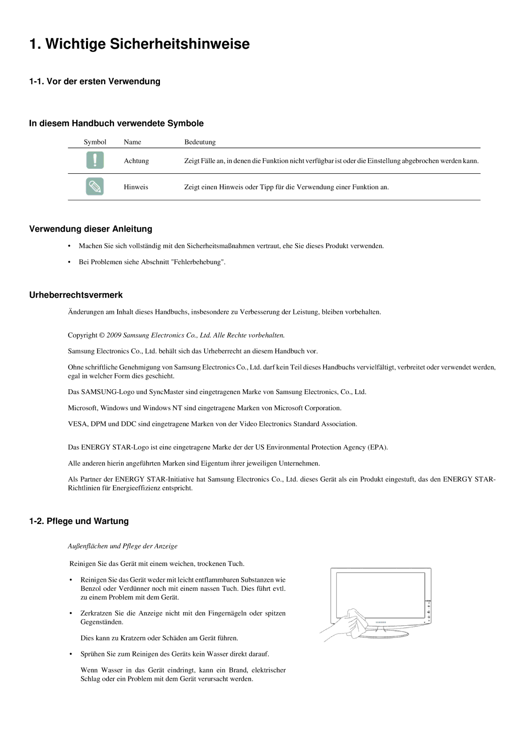 Samsung LS20LRYKU/EN Wichtige Sicherheitshinweise, Verwendung dieser Anleitung, Urheberrechtsvermerk, Pflege und Wartung 