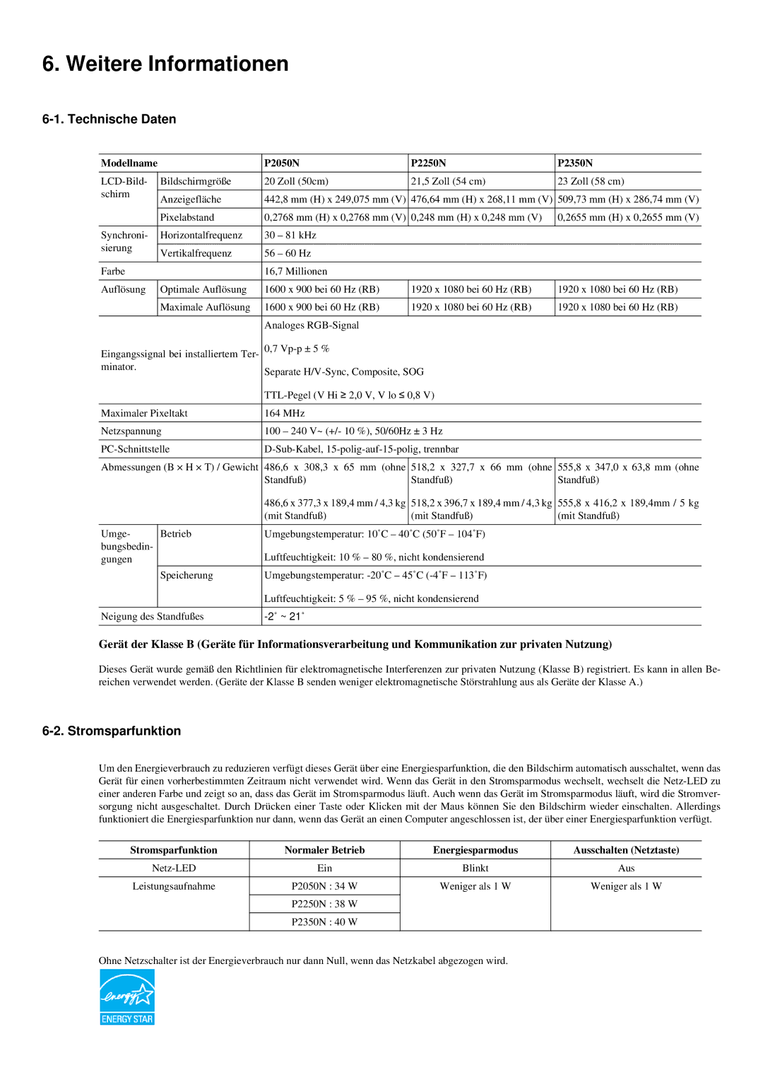 Samsung LS20LRYKU/EN manual Weitere Informationen, Technische Daten, Stromsparfunktion 