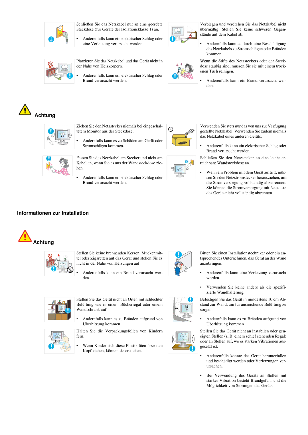 Samsung LS20LRYKU/EN manual Informationen zur Installation Achtung 