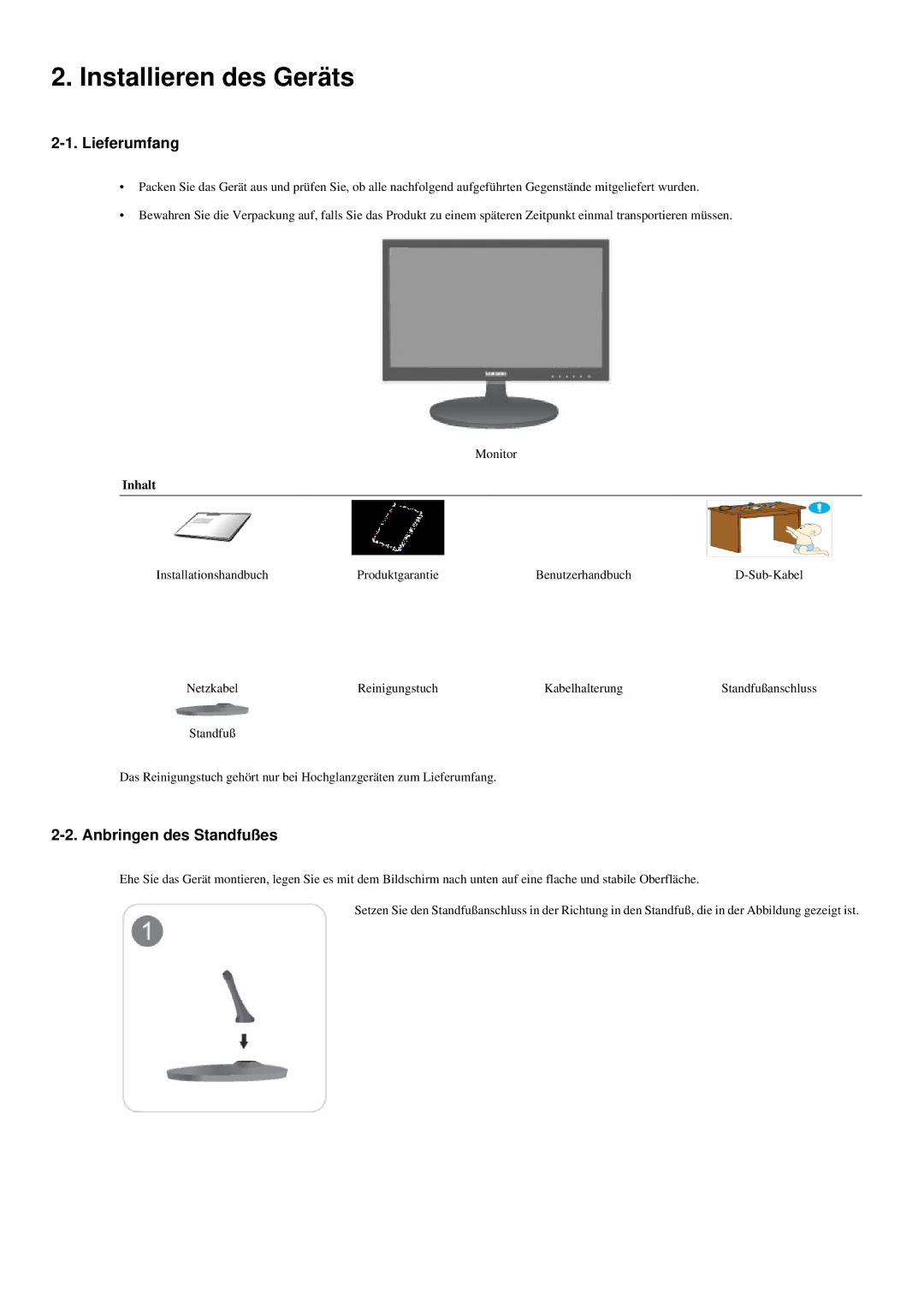 Samsung LS20LRYKU/EN manual Installieren des Geräts, Lieferumfang, Anbringen des Standfußes, Inhalt 