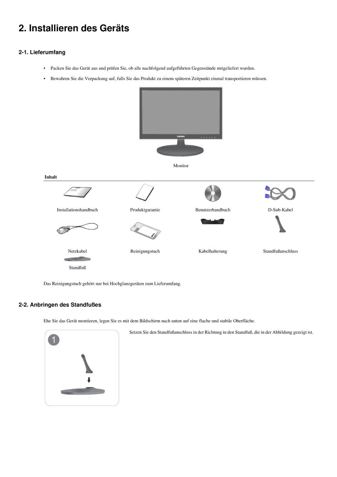 Samsung LS20LRYKU/EN manual Installieren des Geräts, Lieferumfang, Anbringen des Standfußes, Inhalt 