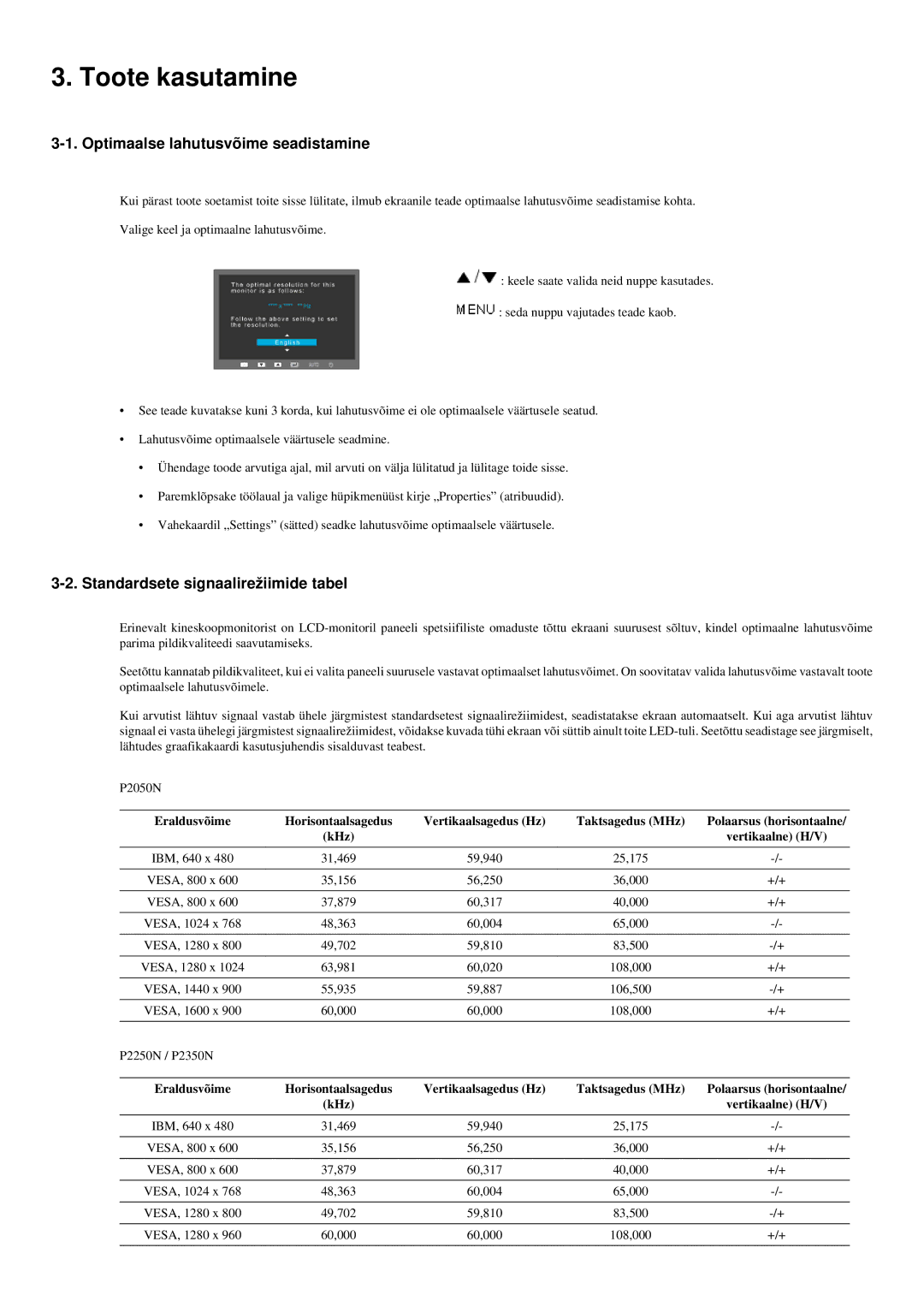 Samsung LS20LRYKU/EN manual Toote kasutamine, Optimaalse lahutusvõime seadistamine, Standardsete signaalirežiimide tabel 