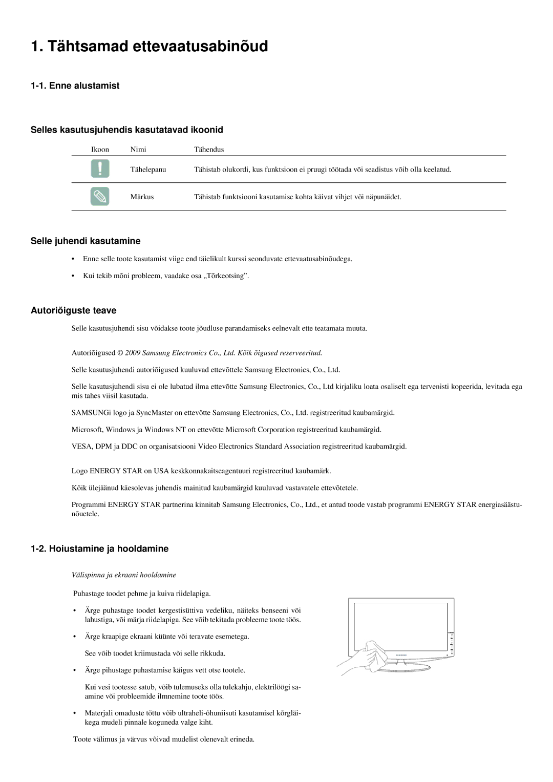 Samsung LS20LRYKU/EN manual Tähtsamad ettevaatusabinõud, Enne alustamist Selles kasutusjuhendis kasutatavad ikoonid 