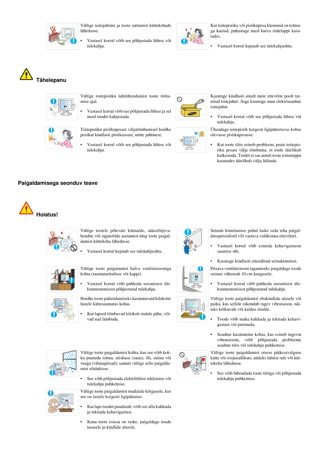 Samsung LS20LRYKU/EN manual Tähelepanu, Paigaldamisega seonduv teave Hoiatus 