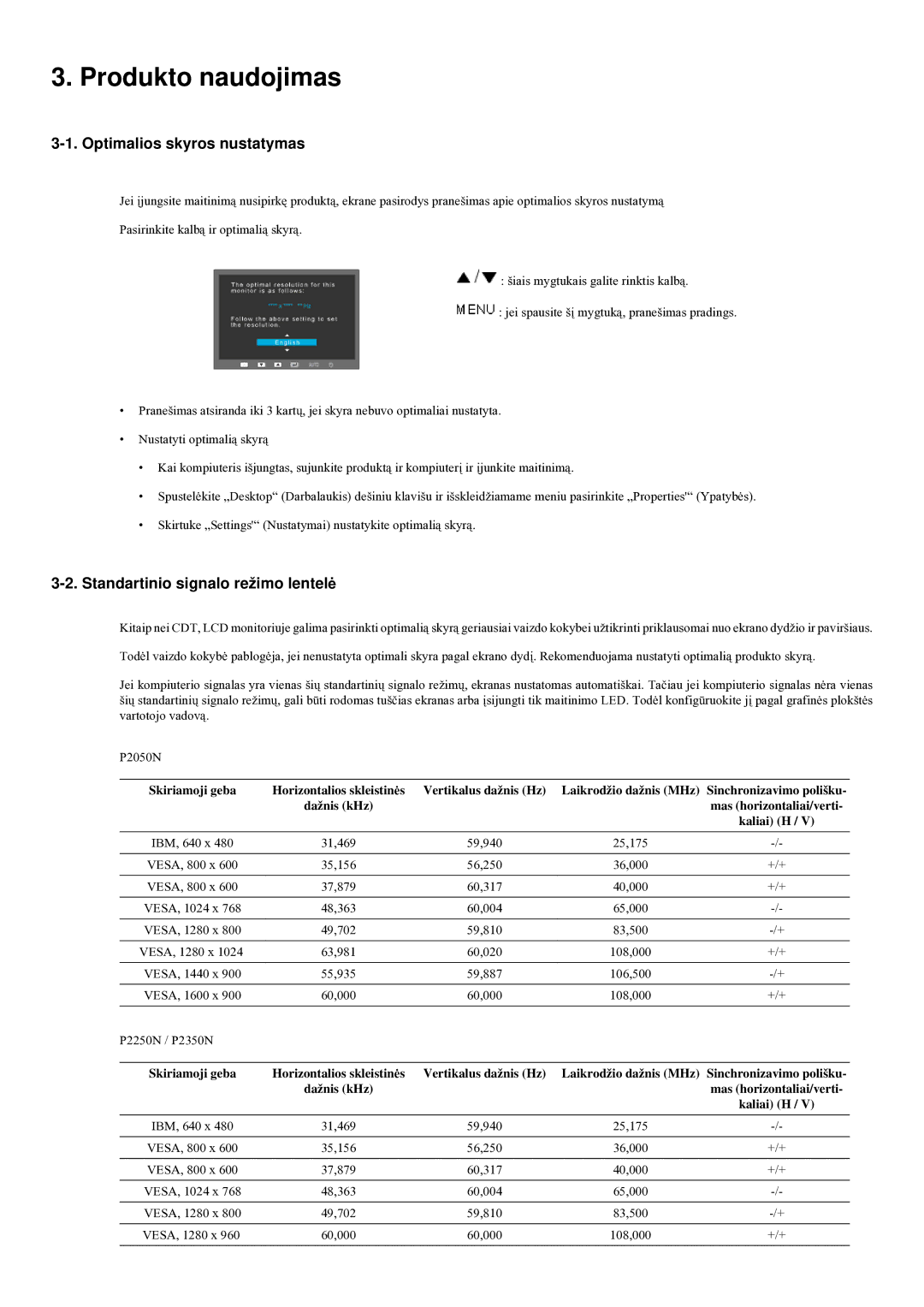 Samsung LS20LRYKU/EN manual Produkto naudojimas, Optimalios skyros nustatymas, Standartinio signalo režimo lentelė 