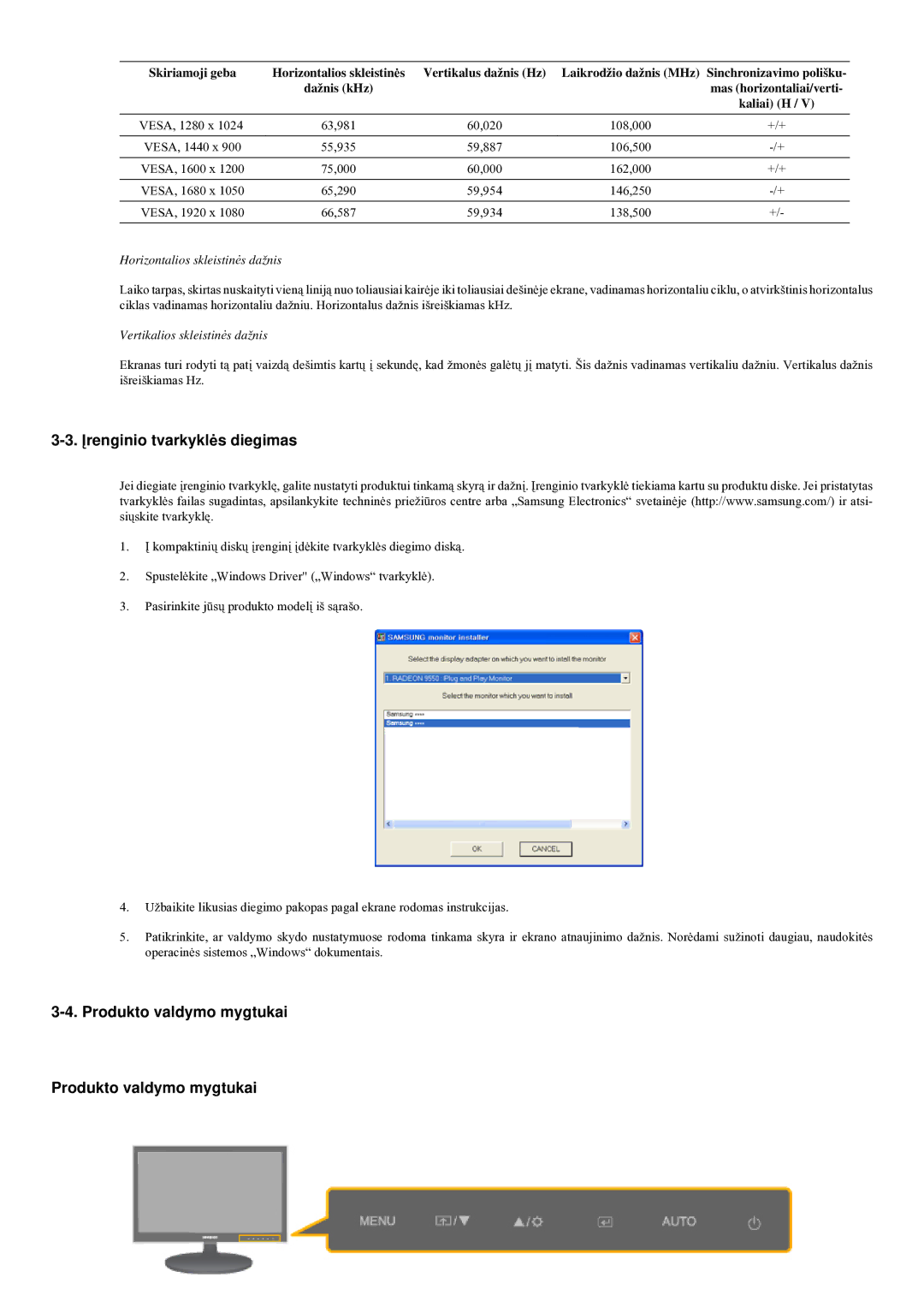 Samsung LS20LRYKU/EN manual Įrenginio tvarkyklės diegimas, Produkto valdymo mygtukai 