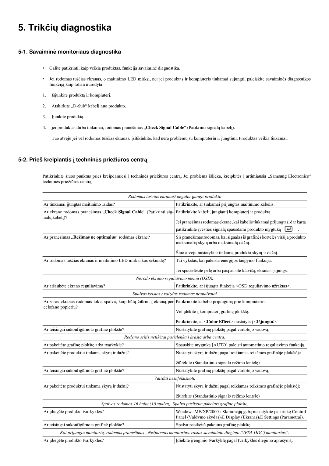 Samsung LS20LRYKU/EN manual Trikčių diagnostika, Savaiminė monitoriaus diagnostika 