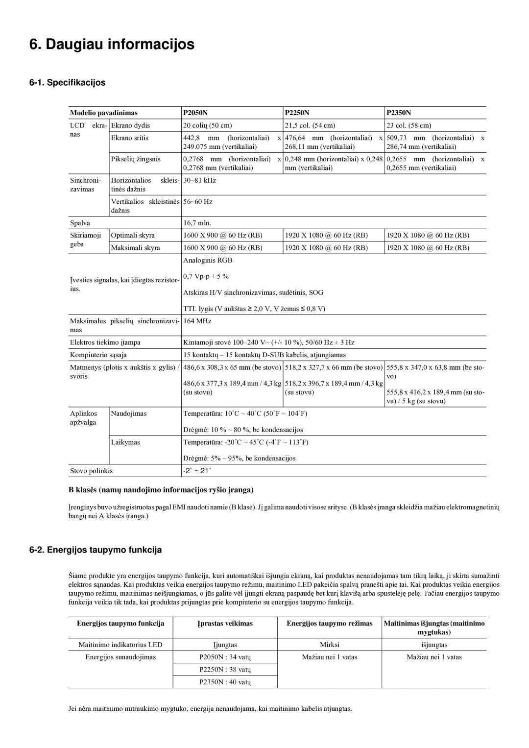 Samsung LS20LRYKU/EN manual Daugiau informacijos, Specifikacijos, Energijos taupymo funkcija 