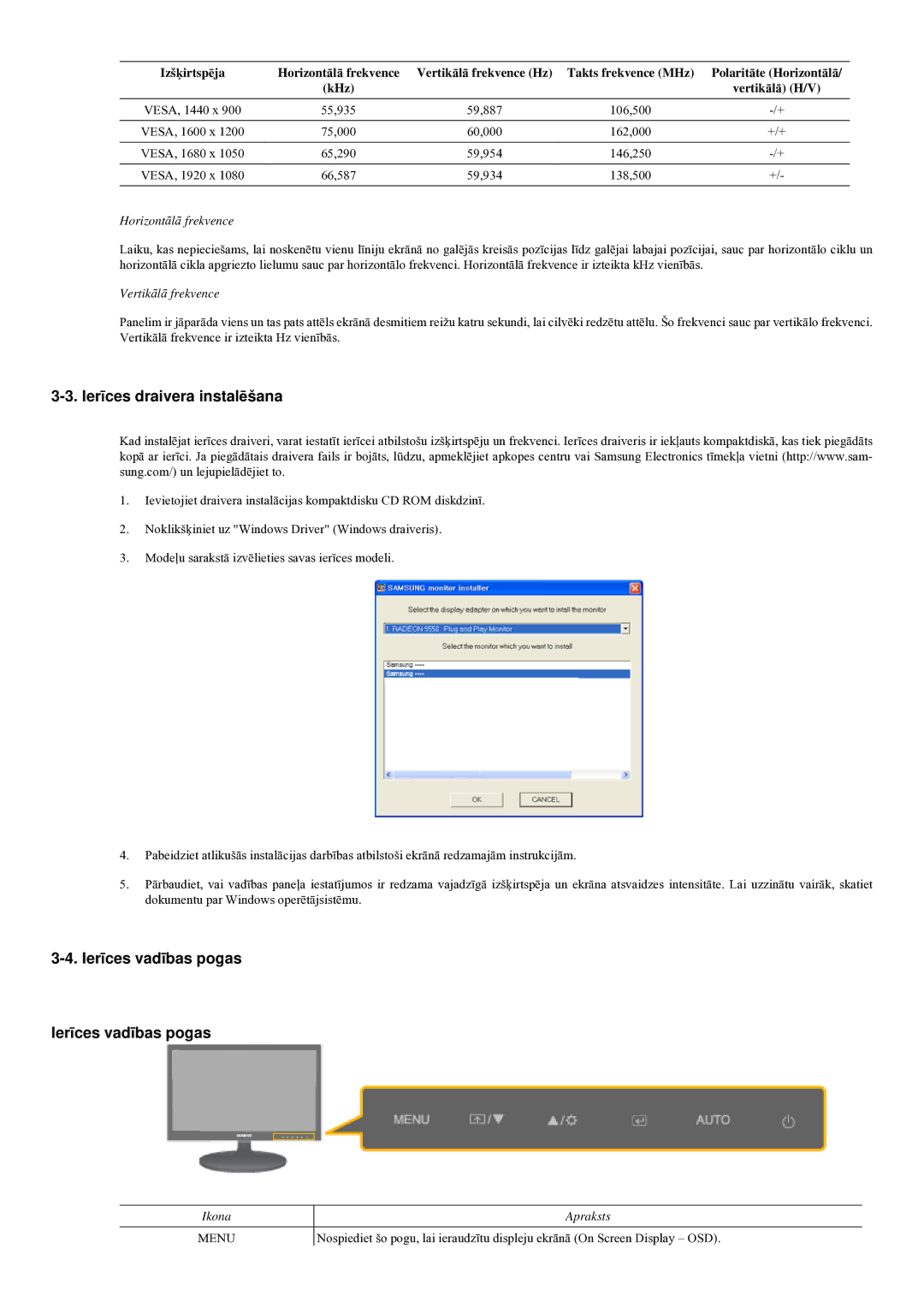 Samsung LS20LRYKU/EN manual Ierīces draivera instalēšana, Ierīces vadības pogas 